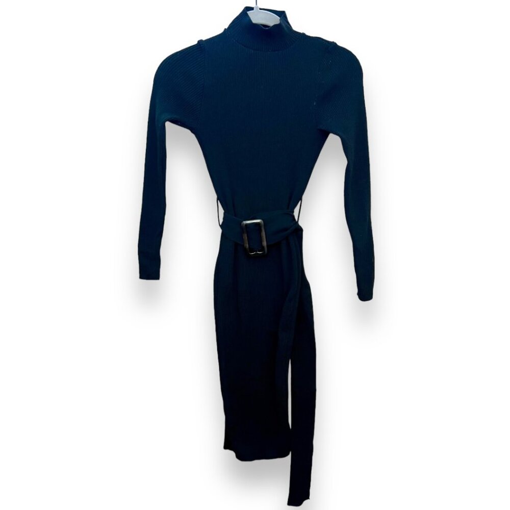 prettyknit black belted ribbed dress